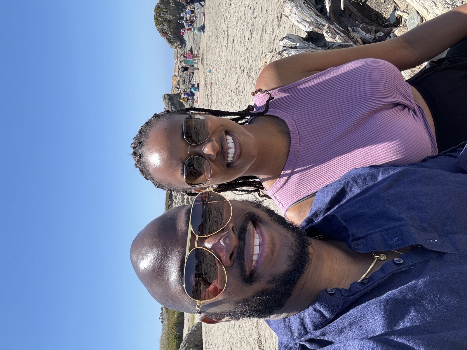 Sally and Adetunji on the beach along the Mendocino coast, July 2024